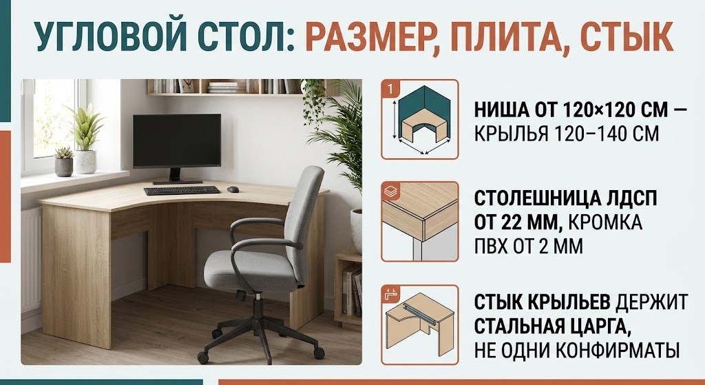Угловой стол: размер, плита, стык